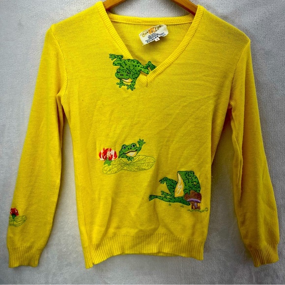 Vintage 1960's-70's Yellow Cyn Les Frog Patch Sweater Size Small - Picture 1 of 8